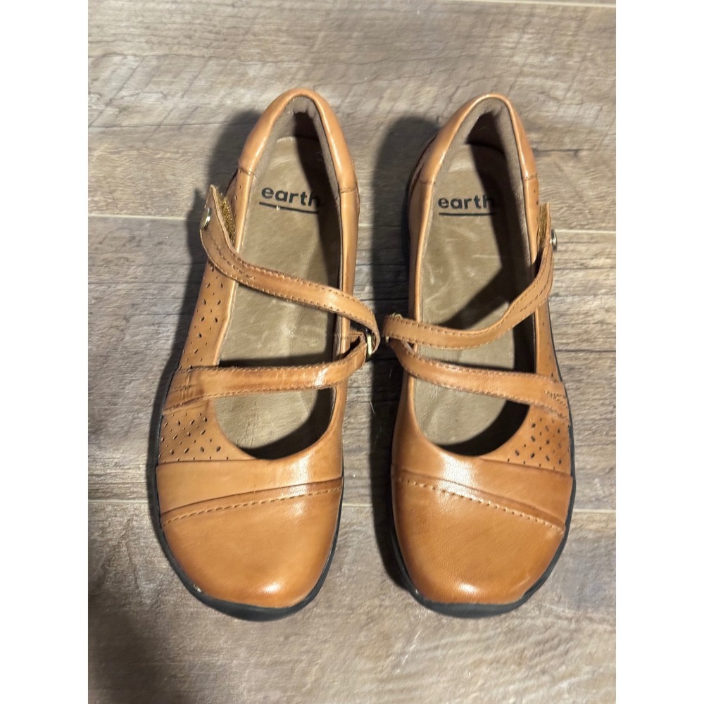 Earth Origins Womens Tan Leather Mary Jane Flats Adjustable Straps  size 7
